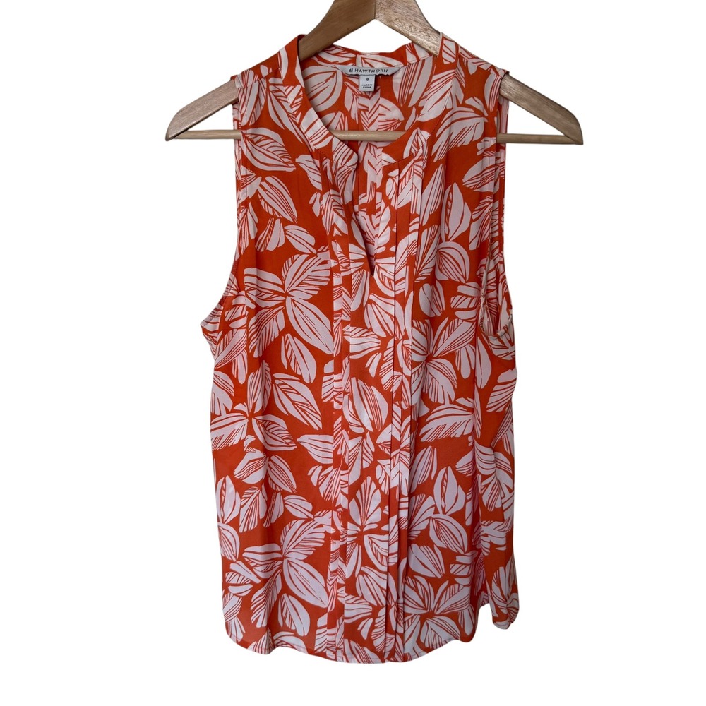 41 Hawthorn Blouse Women Medium Orange White Excellent Tropical Leaf Pleated Top